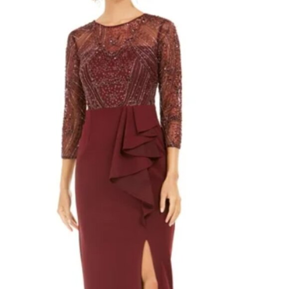 ADRIANNA PAPELL Burgundy Long Sleeve Sequin Maxi Sheath Evening Dress (NWT) - Picture 3 of 10